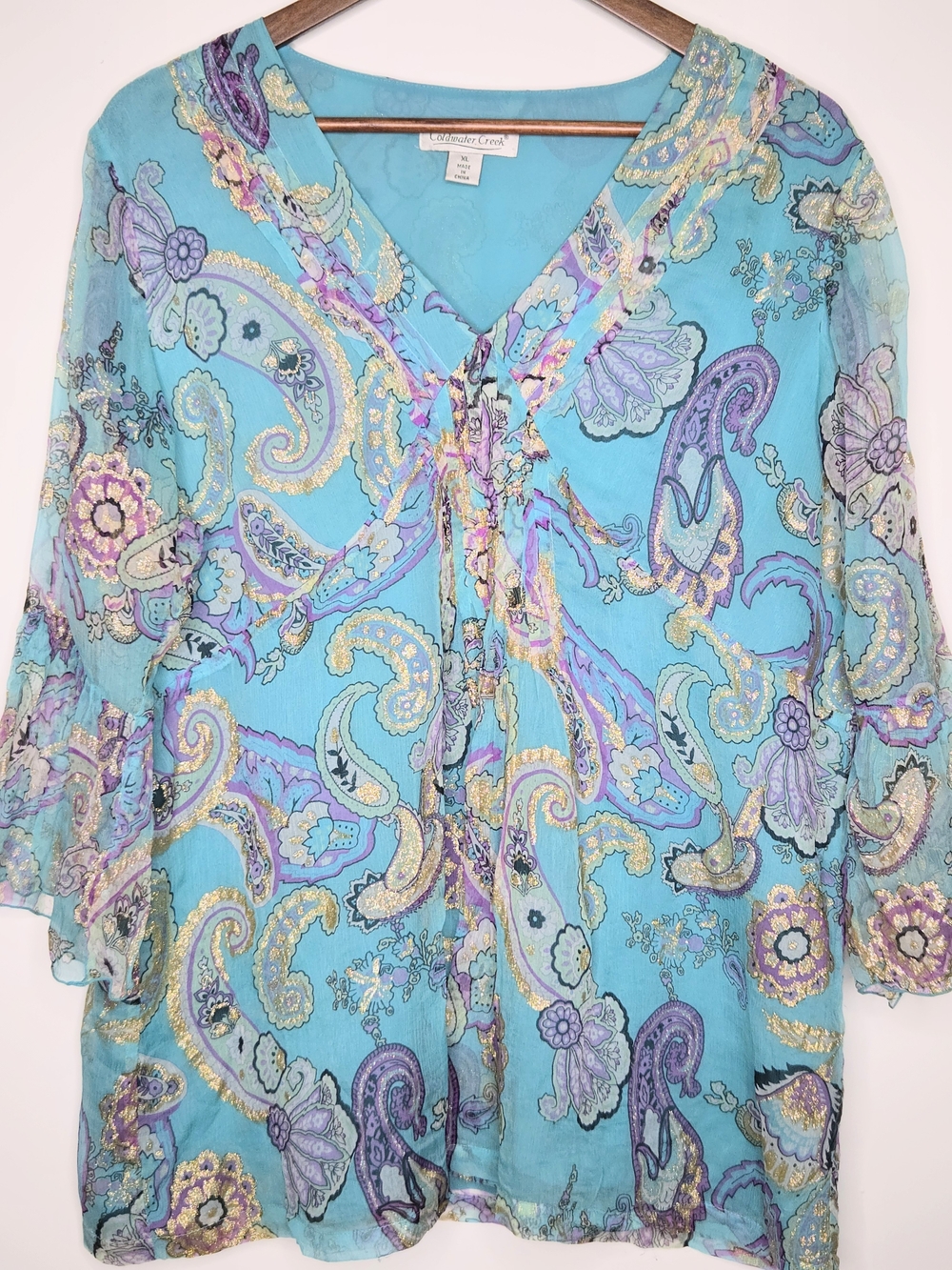 Coldwater Creek 100% Silk Paisley Blouse Teal Purple Gold Metallic Accent XL